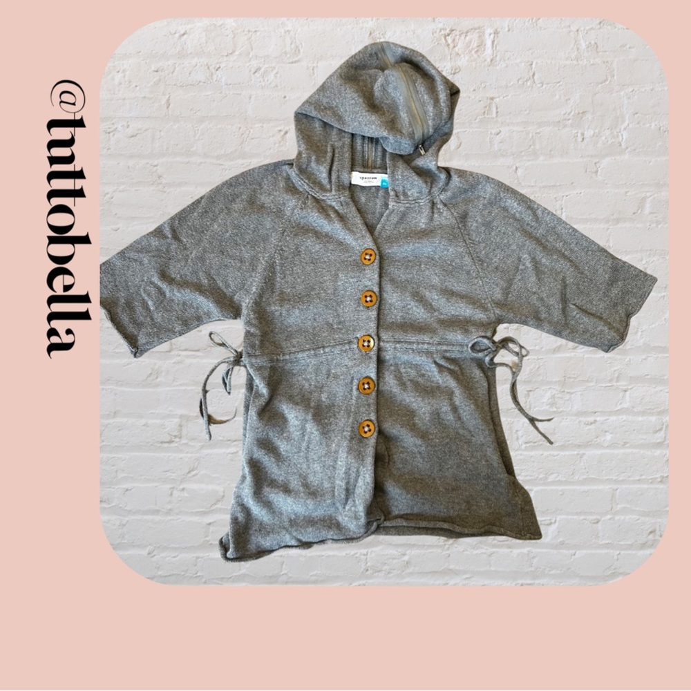 Anthro Sparrow Heather Gray Hooded Short Sleeved Cardigan Sweater Size Small